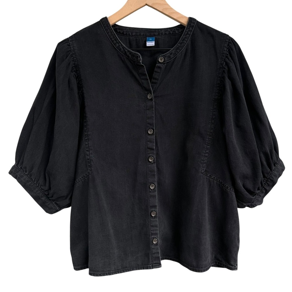 Old Navy Washed Black Puff Sleeve Button Down Cropped Top XL 100% Cotton Blouse
